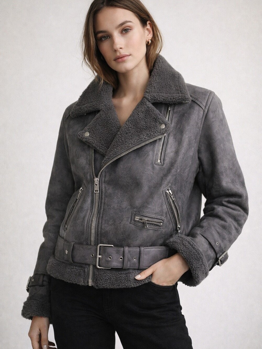 Avec Les Filles Faux Leather Shearling Jacket Size Large Excellent Condition